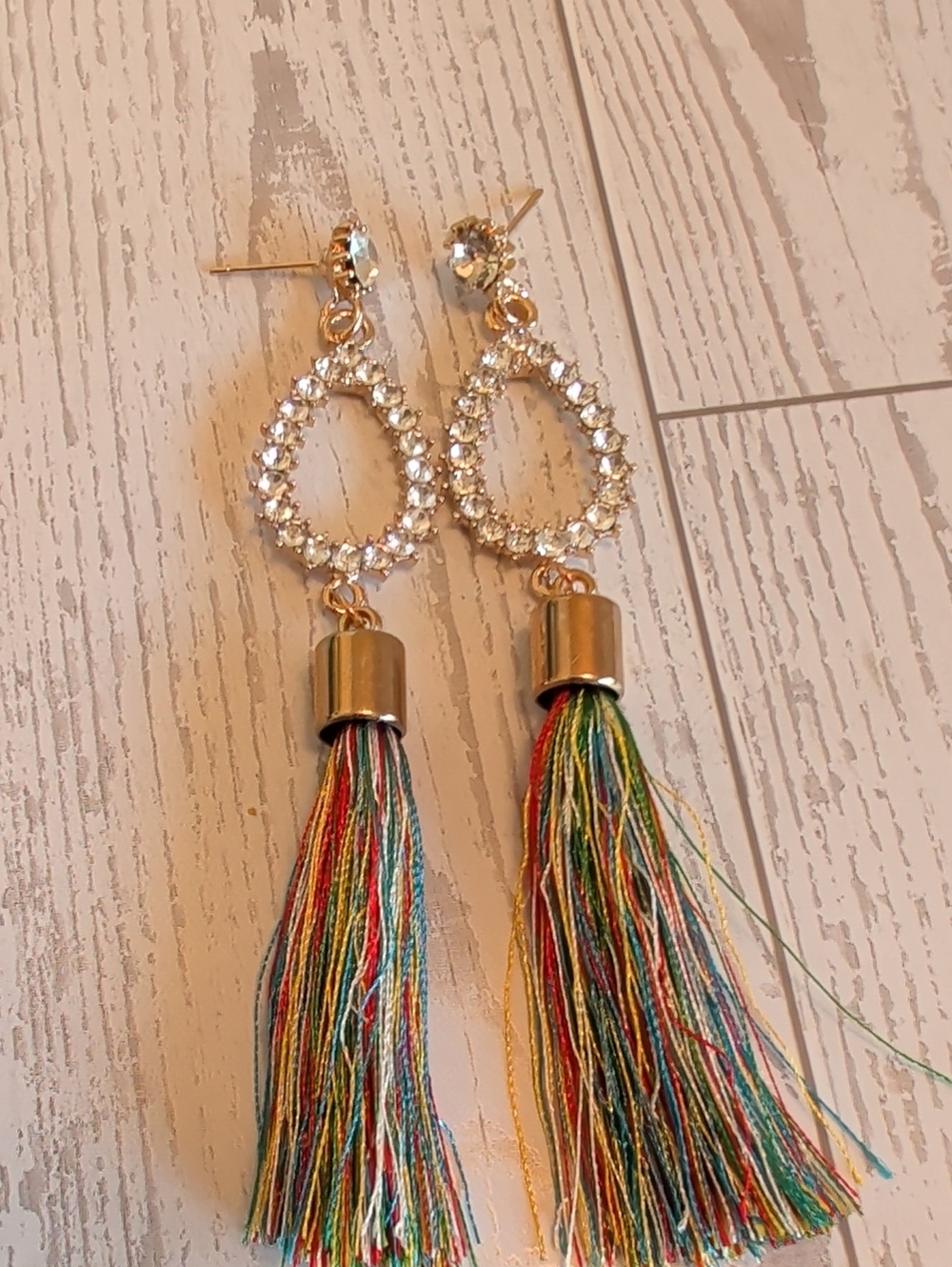 Gold Teardrop Crystal Tassel Earrings in Multicolor
